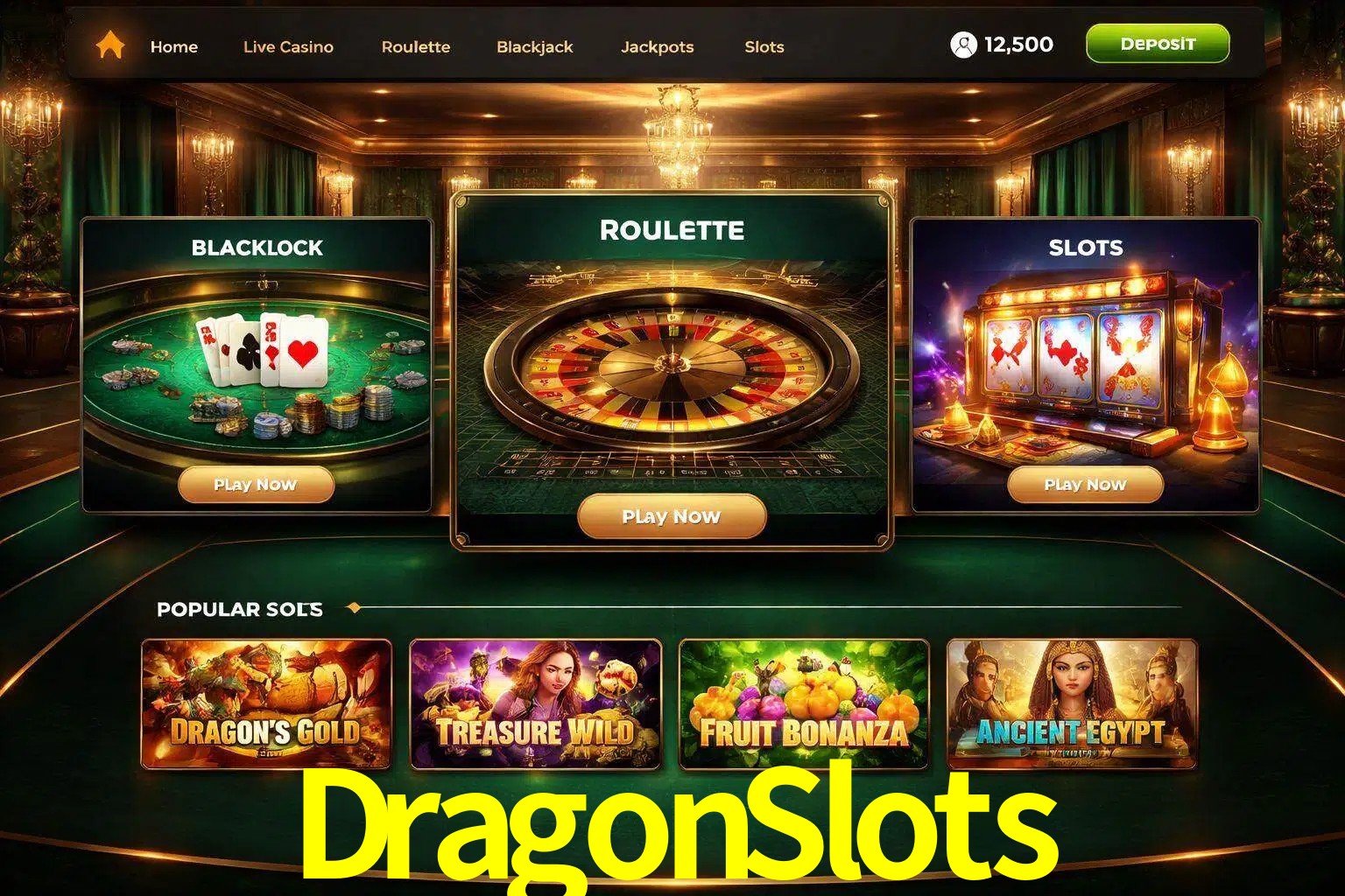 Vista de la plataforma DragonSlots Casino mostrando categorías organizadas de juegos en línea