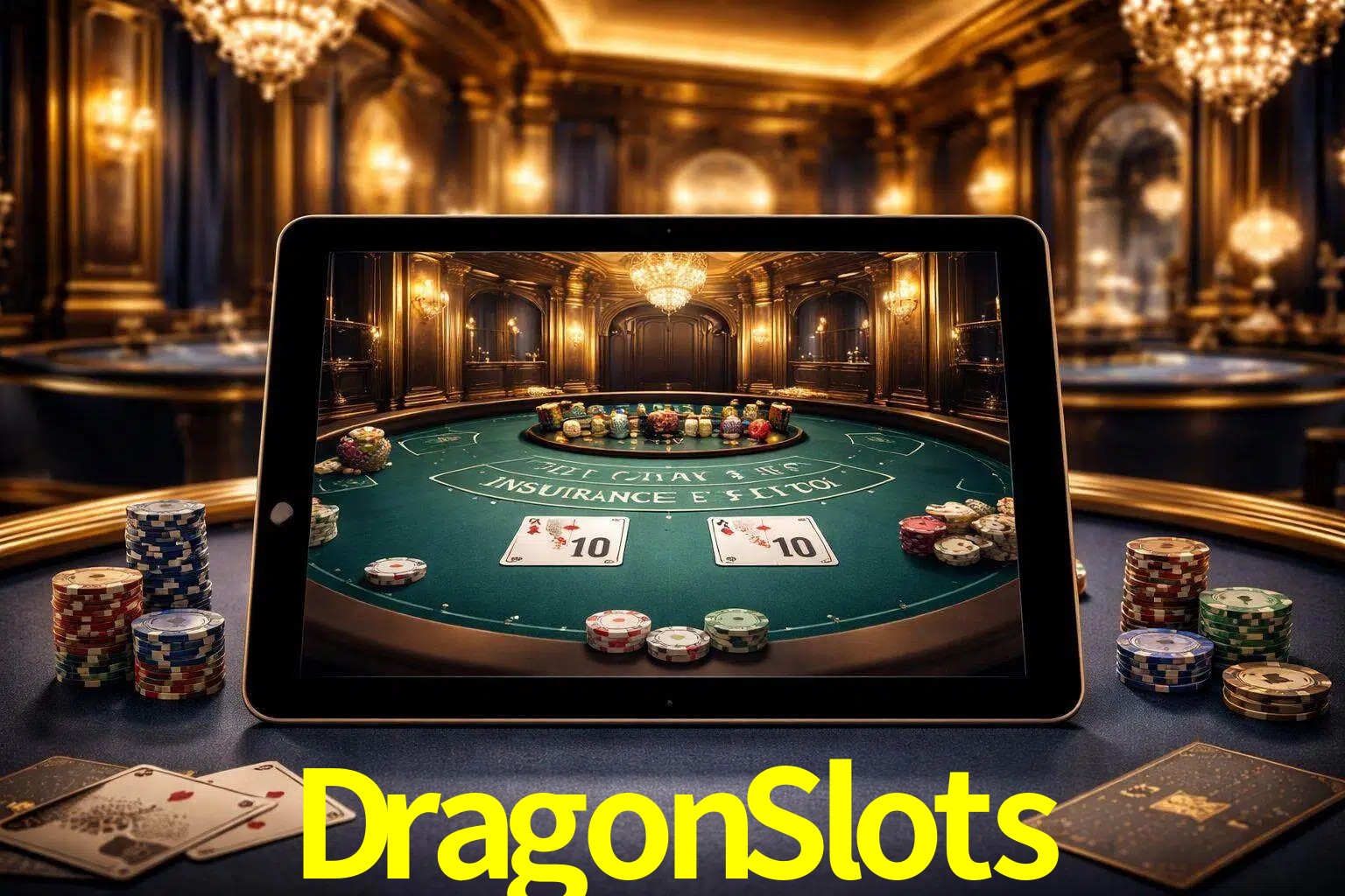 Configuración moderna de casino en vivo con una tableta mostrando una mesa de blackjack, luces cálidas de estudio y una atmósfera elegante de juegos digitales.
