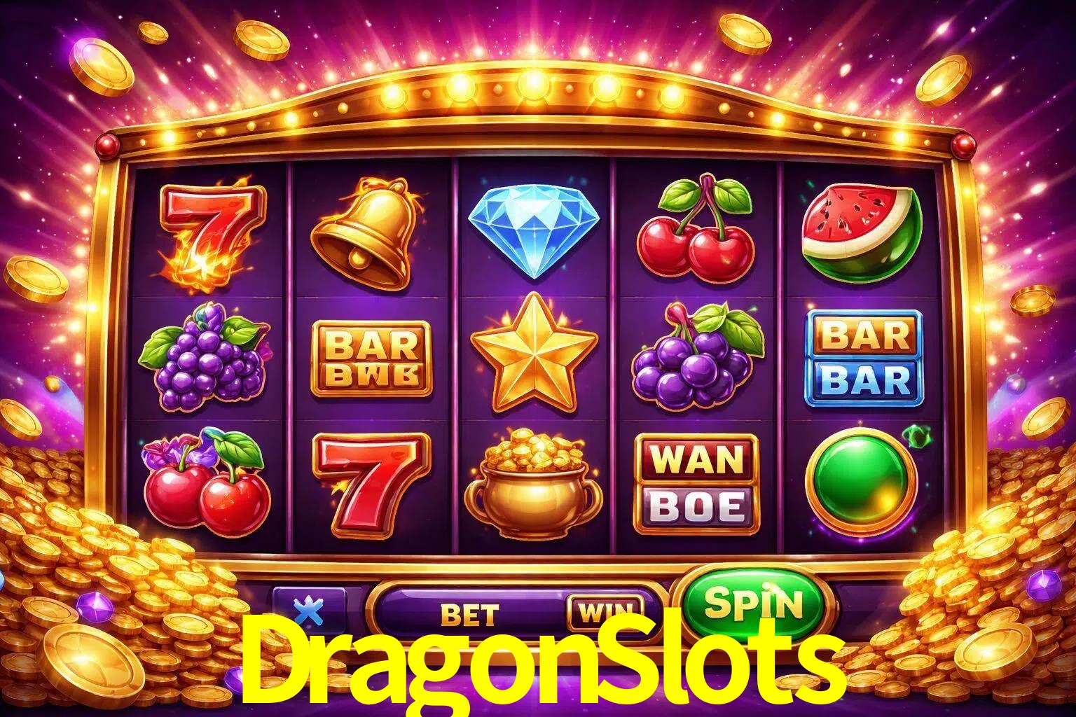 Una interfaz colorida de tragamonedas en línea con símbolos brillantes, monedas y un efecto de victoria celebratoria en DragonSlots.