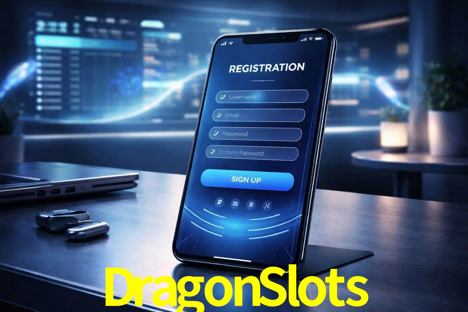 Una interfaz moderna de registro móvil para DragonSlots mostrada en un smartphone con un panel de apuestas elegante.